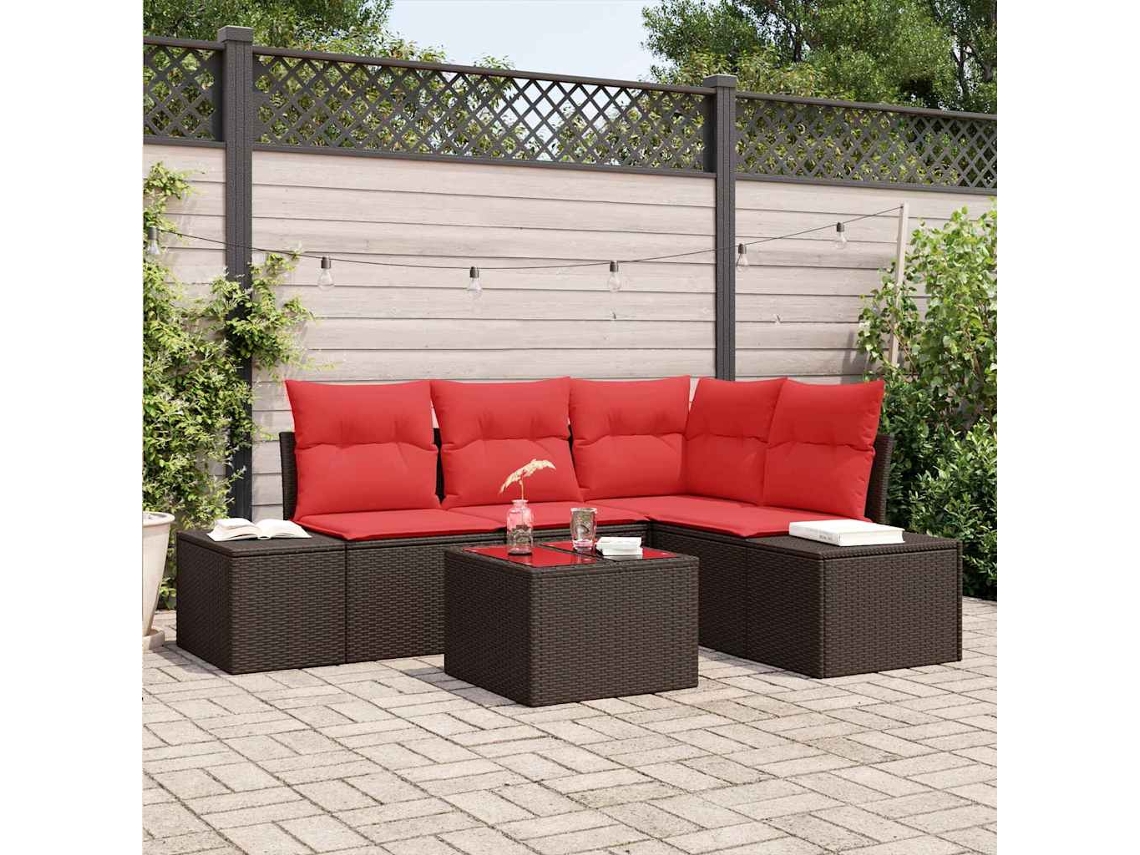 Vidaxl Conjunto De Sofá De Jardim Com Almofada 5 Pcs Castanho Vime Pe