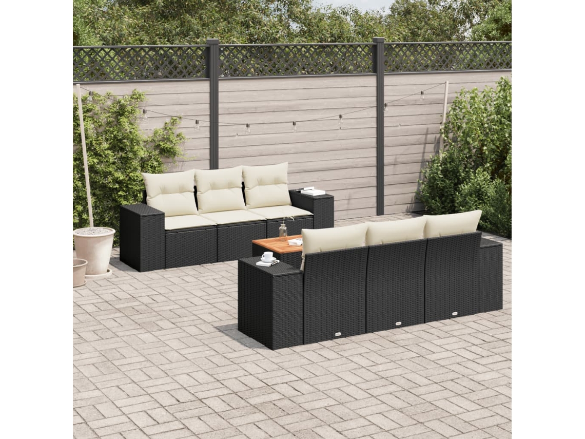 7 Pcs Conjunto De Sofás P/ Jardim C/ Almofadões Vime Pe Preto Dkd Home Decor