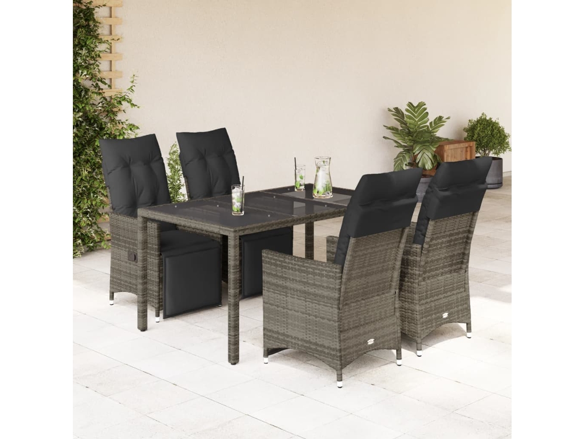 Vidaxl 5 Pcs Conjunto Bistrô De Jardim C/ Almofadões Vime Pe Cinza