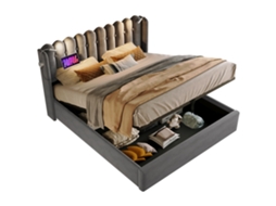 Cama de Casal Estofada com Luz de Leitura e Carregamento, cabeceira com Espaço de Armazenamento, veludo Cinza 160x200 PAPRIKA