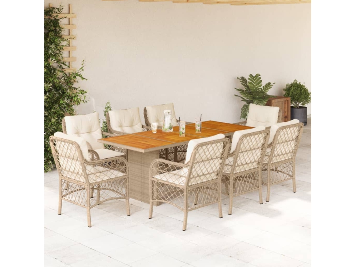Vidaxl 9 Pcs Conjunto De Jantar P/ Jardim Com Almofadões Vime Pe Bege