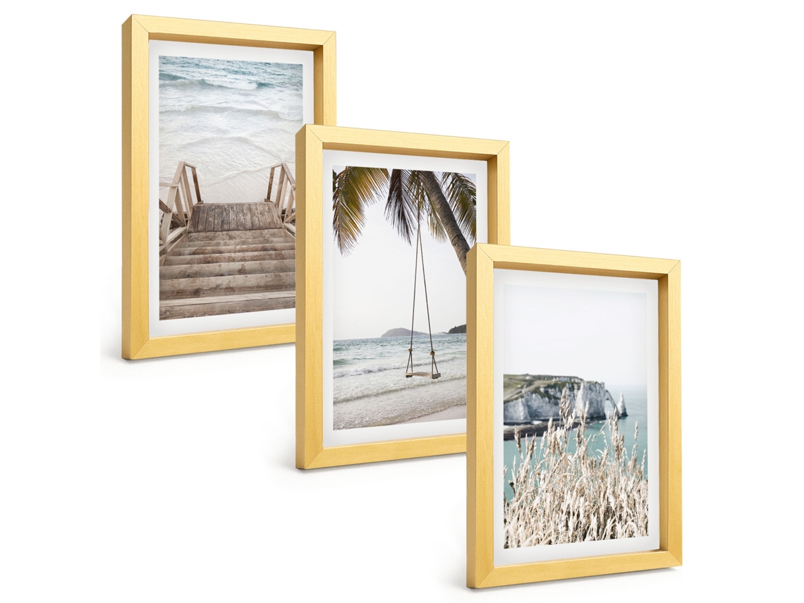 Pinturas Murais Modernasescadas De Madeira Na Praia, Balanço Moldura Dourada Fotos Para O Corredor Espelharte (3 Peças 20x30 Cm)