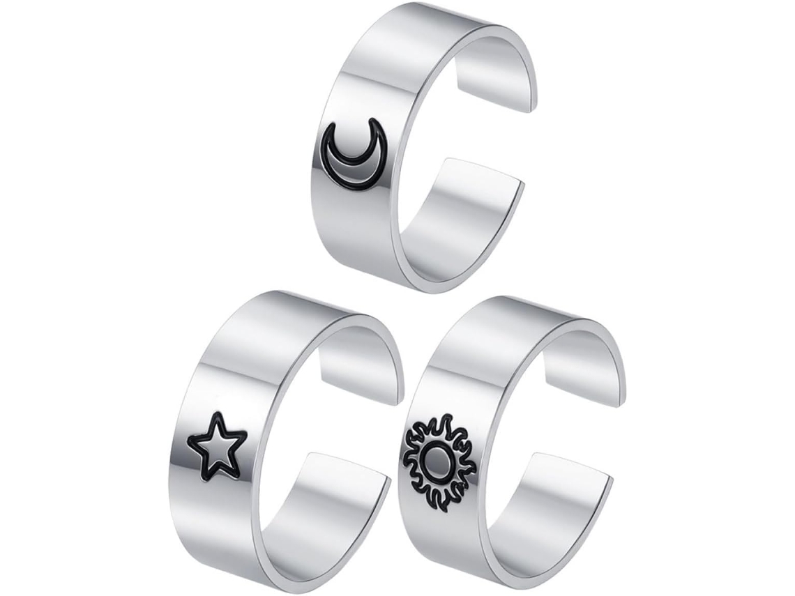 Conjunto De 3 Anéis Abertos Ajustáveis Em Titânio Para Mulheres, Com Design De Sol E Lua.