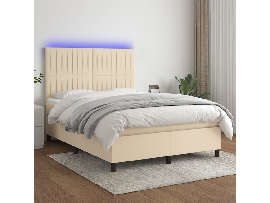 Vidaxl Cama Box Spring C/ Colchão e Led 140x190 Cm Tecido Cor Creme