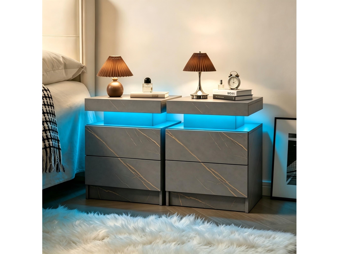 Conjunto De 2 Mesas De Cabeceira Com Led, 2 Gavetas E Estilo Moderno Para Quarto