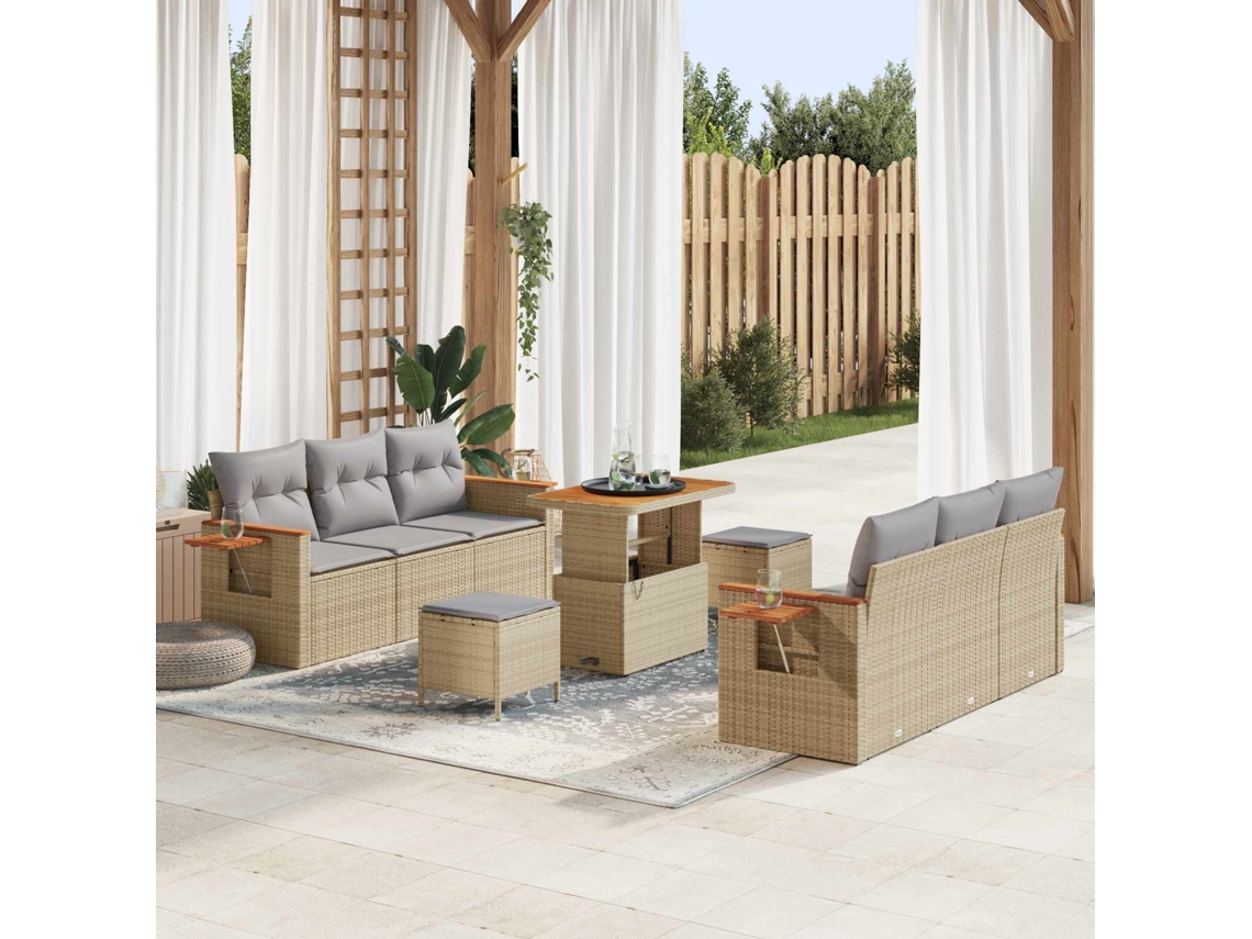 Vidaxl Conjunto De Sofá De Jardim 9 Unid. Bege Vime Pe