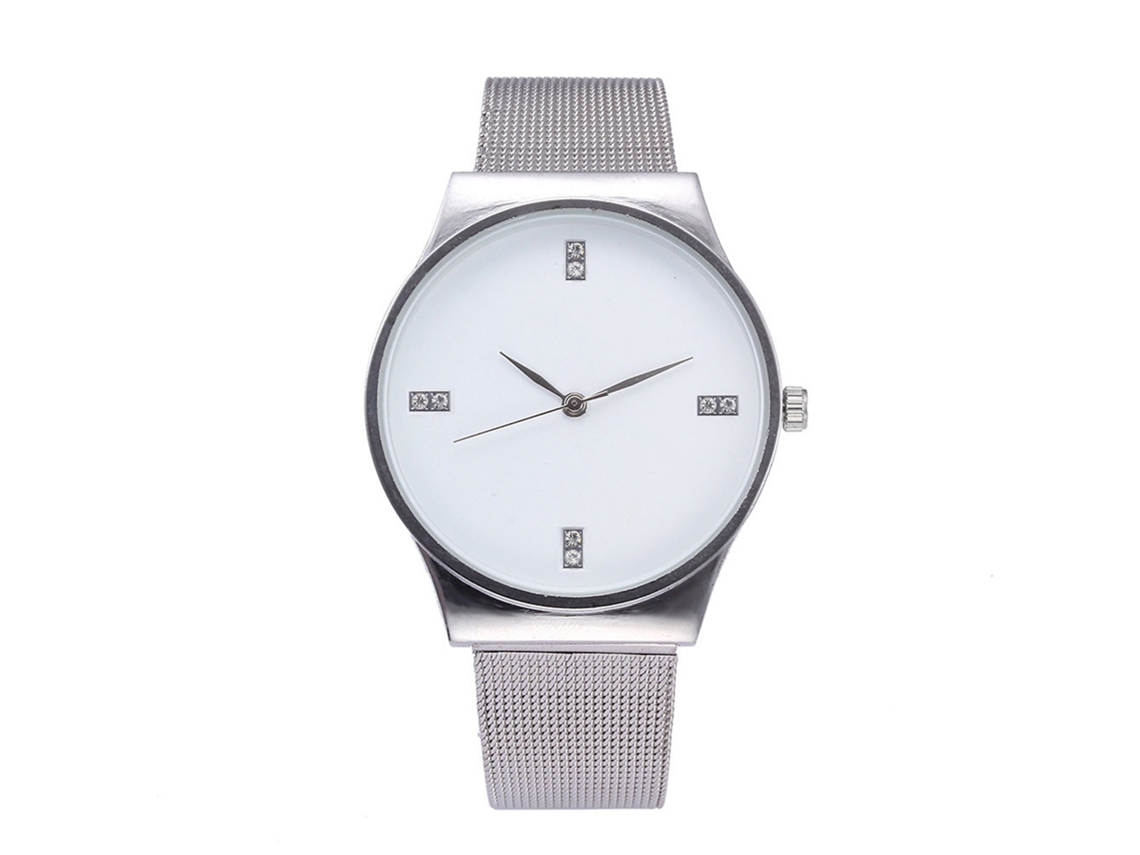 Reloj De Cuarzo Con Correa De Malla De Acero Inoxidable Y Piedras Strass Blanco
