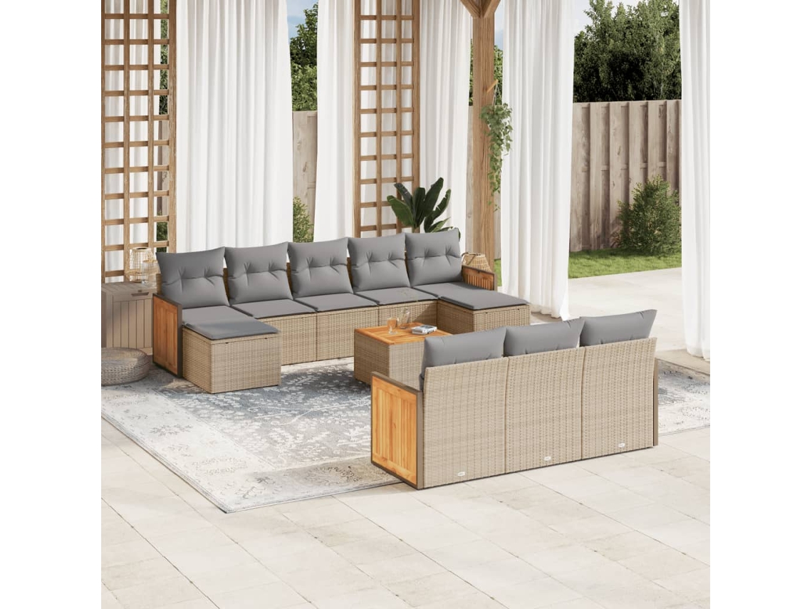 Vidaxl 11 Pcs Conjunto Sofás De Jardim C/ Almofadões Vime Pe Bege