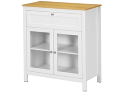 Aparador De Cozinha Moderno Móvel Buffet Auxiliar Com Gaveta Prateleira Ajustável E 2 Portas De Vidro 80x40x90 Cm Branco E Madeira