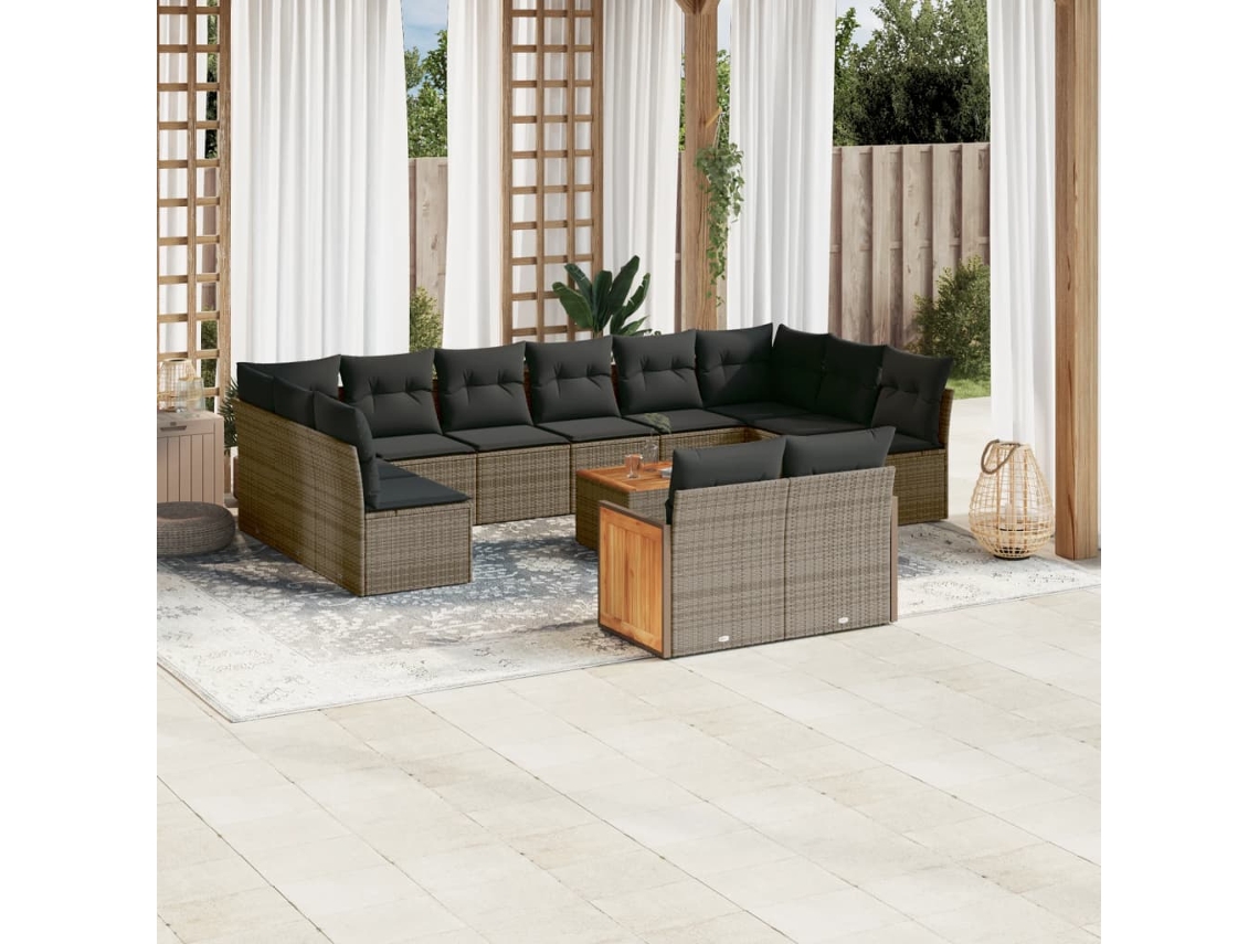 Vidaxl 13 Pcs Conjunto Sofás P/ Jardim C/ Almofadões Vime Pe Cinzento
