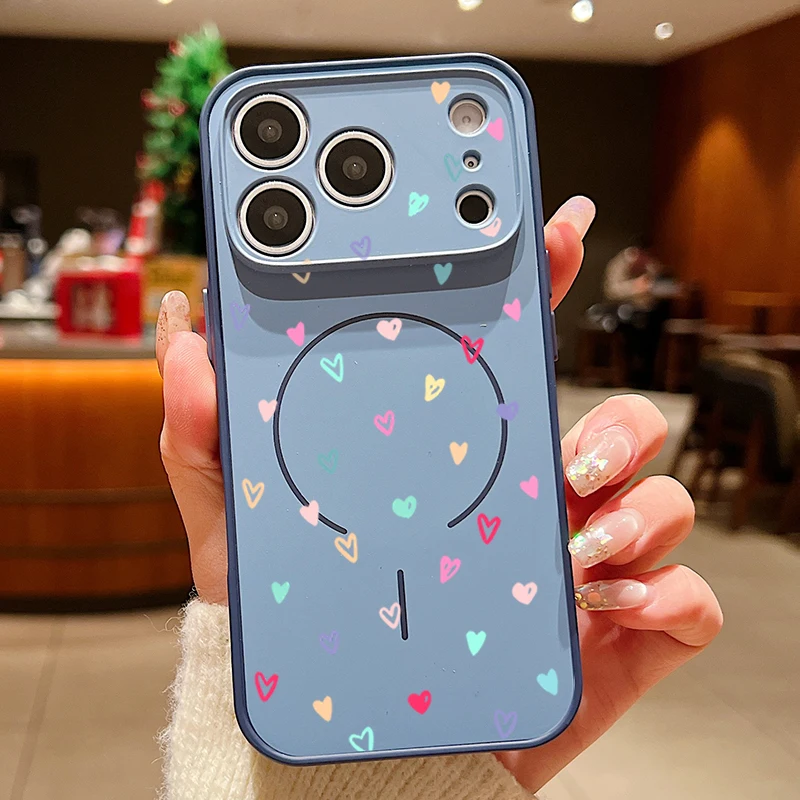 Capa Magnética Para Iphone 14 Pro Max Com Estampa De Corações Coloridos (azul), Feita De Tpu Rígido E Policarbonato.