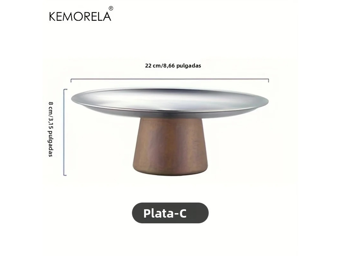 Prato de Sobremesa em Aço Inoxidável Estilo Coreano com Base de Madeira, Perfeito para Exibir Frutas e Decorar a Mesa. MDUG (prata C)