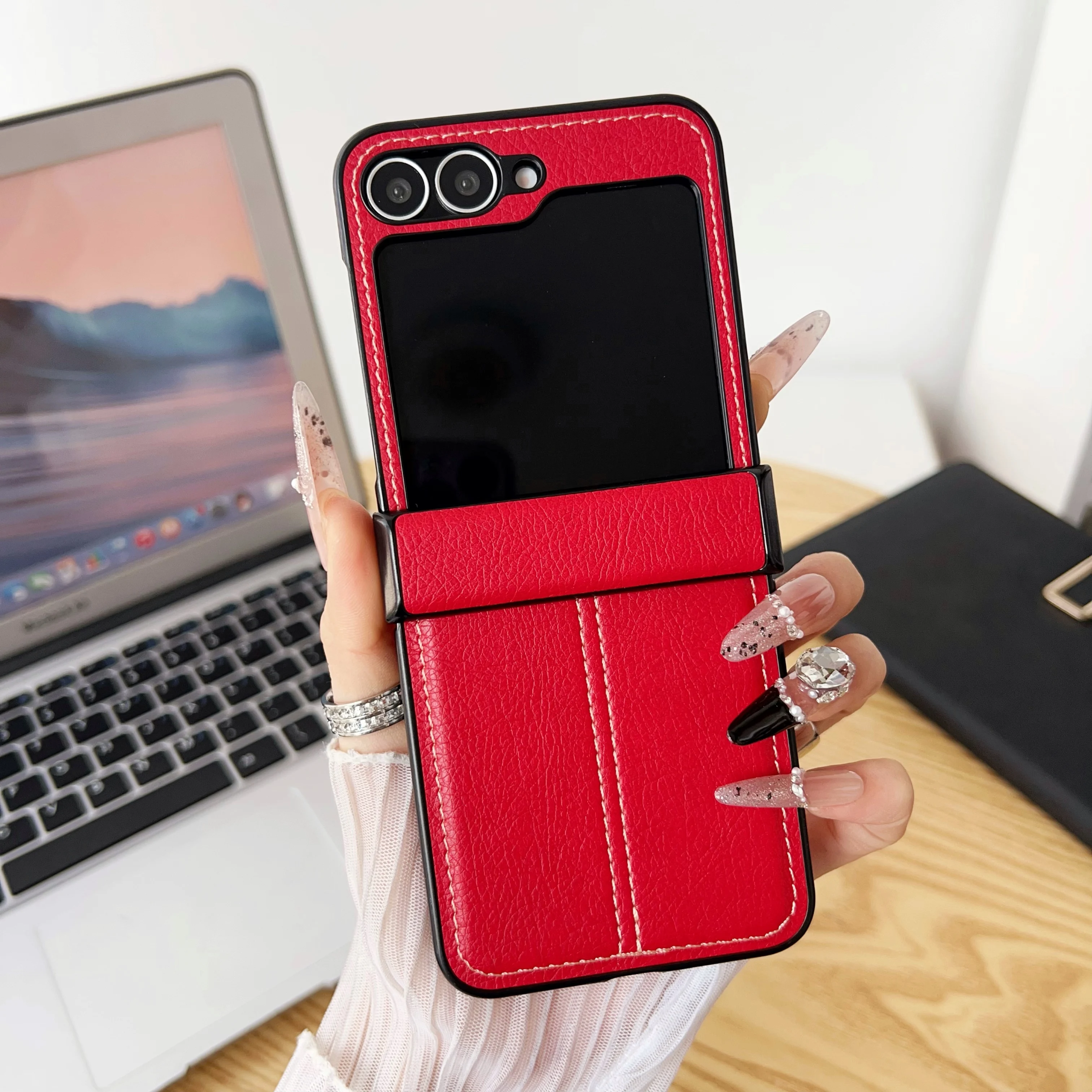 Capa Flip Para Celular (vermelha, Galaxy Z Flip5) Com Textura De Couro Retrô Para Uso Profissional, Feita De Material Pu Resistente A Quedas.