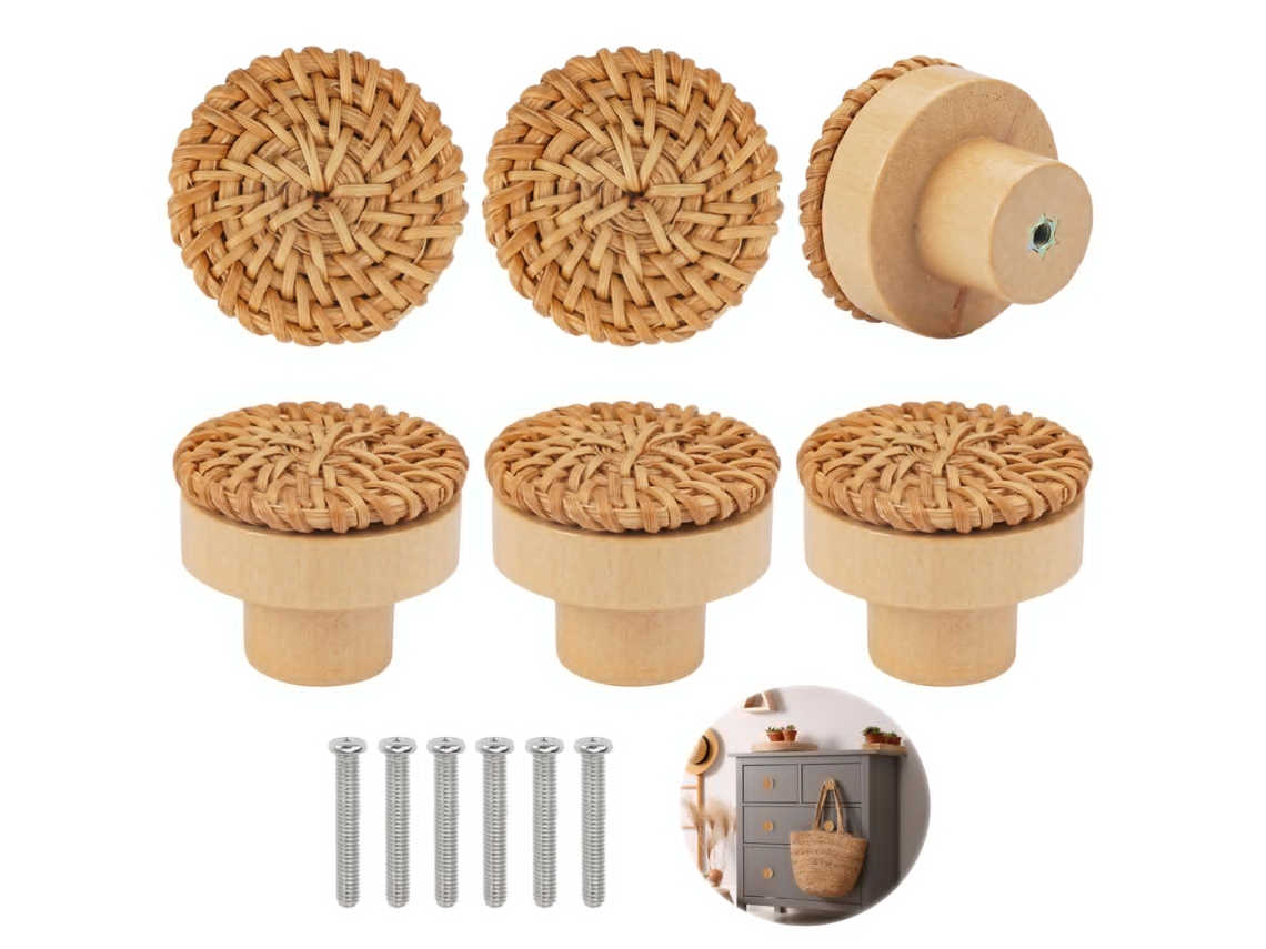 Botões Redondos Madeira Trançada Natural 6 Peças 4x3cm para Roupeiros, Gavetas, Armários