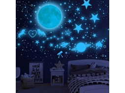 Adesivos de parede luminosos Lua Ciano 20cm + 898 adesivos de estrelas para decoração de casa infantil