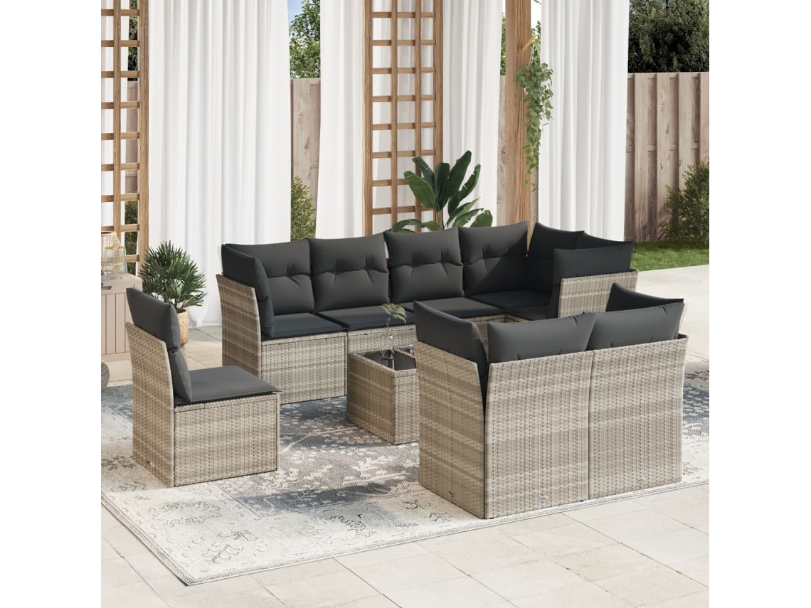 Vidaxl 9 Pcs Conj. Sofás Jardim com Almofadões Vime Pe Cinzento claro