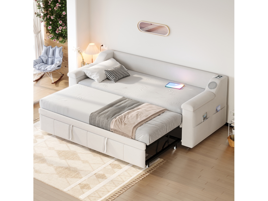 Sofá-cama 90/180x190 Veludo Bege Com Bluetooth Usb E Ripas