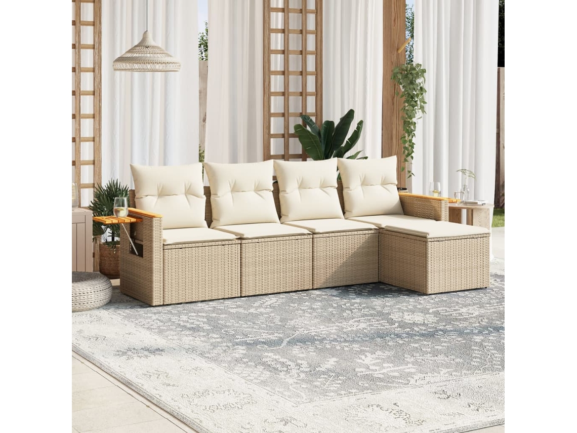 Vidaxl 5 Pcs Conjunto De Sofás P/ Jardim Com Almofadões Vime Pe Bege