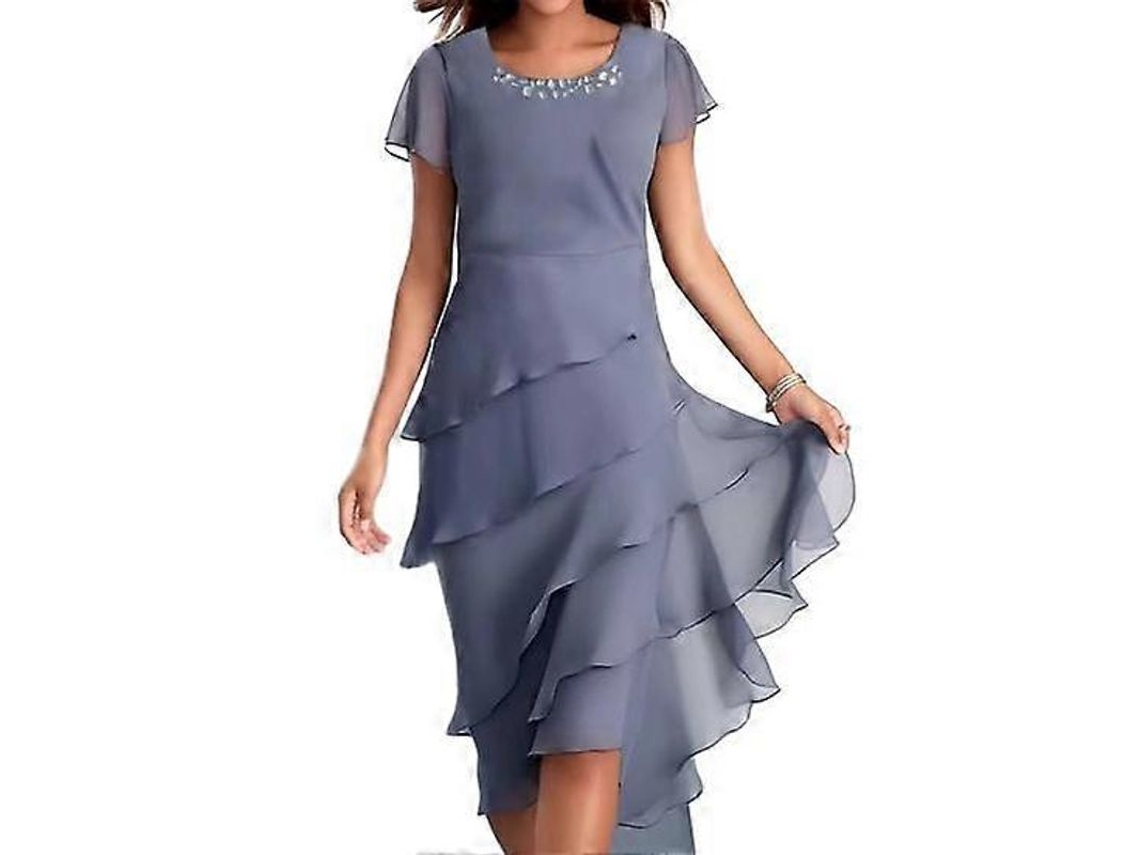 Vestido feminino elegante de manga curta com gola redonda, pérolas e saia midi em camadas, modelo 2026, ideal para festas e casamentos.