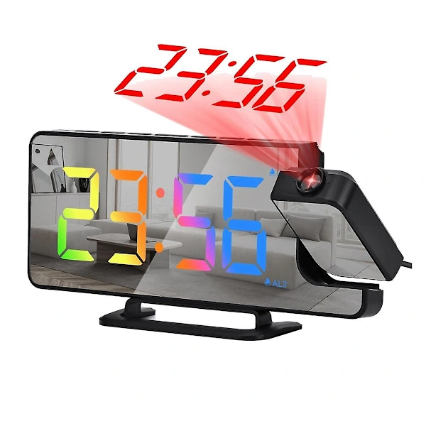 Despertador Com Projeção, Relógio Digital Com Espelho Led De 7,3 Polegadas Com Projetor Ajustável Em 180°, Carregamento Usb Para Quarto, Preto