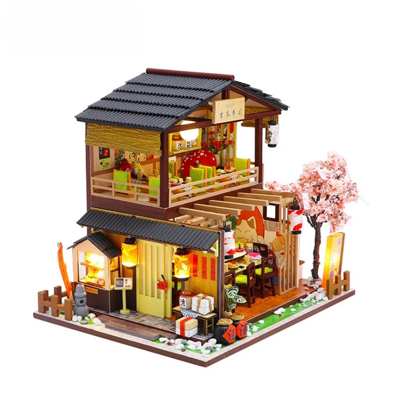 Kit para Montar uma Miniatura de Restaurante de Sushi Japonês em Madeira Modelo de Restaurante para Montar À Mão MDUG