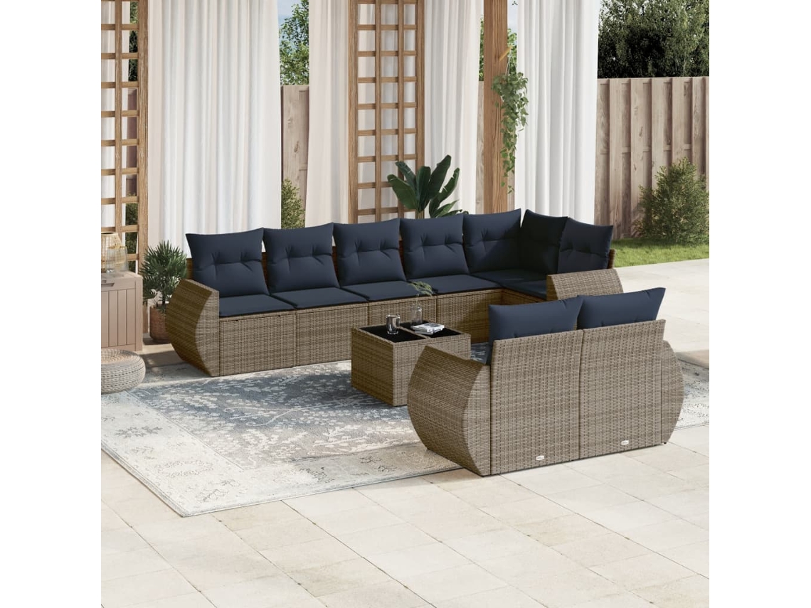 Vidaxl Conjunto De Sofá De Jardim De 9 Peças Com Almofadas Em Rattan Sintético Cinza