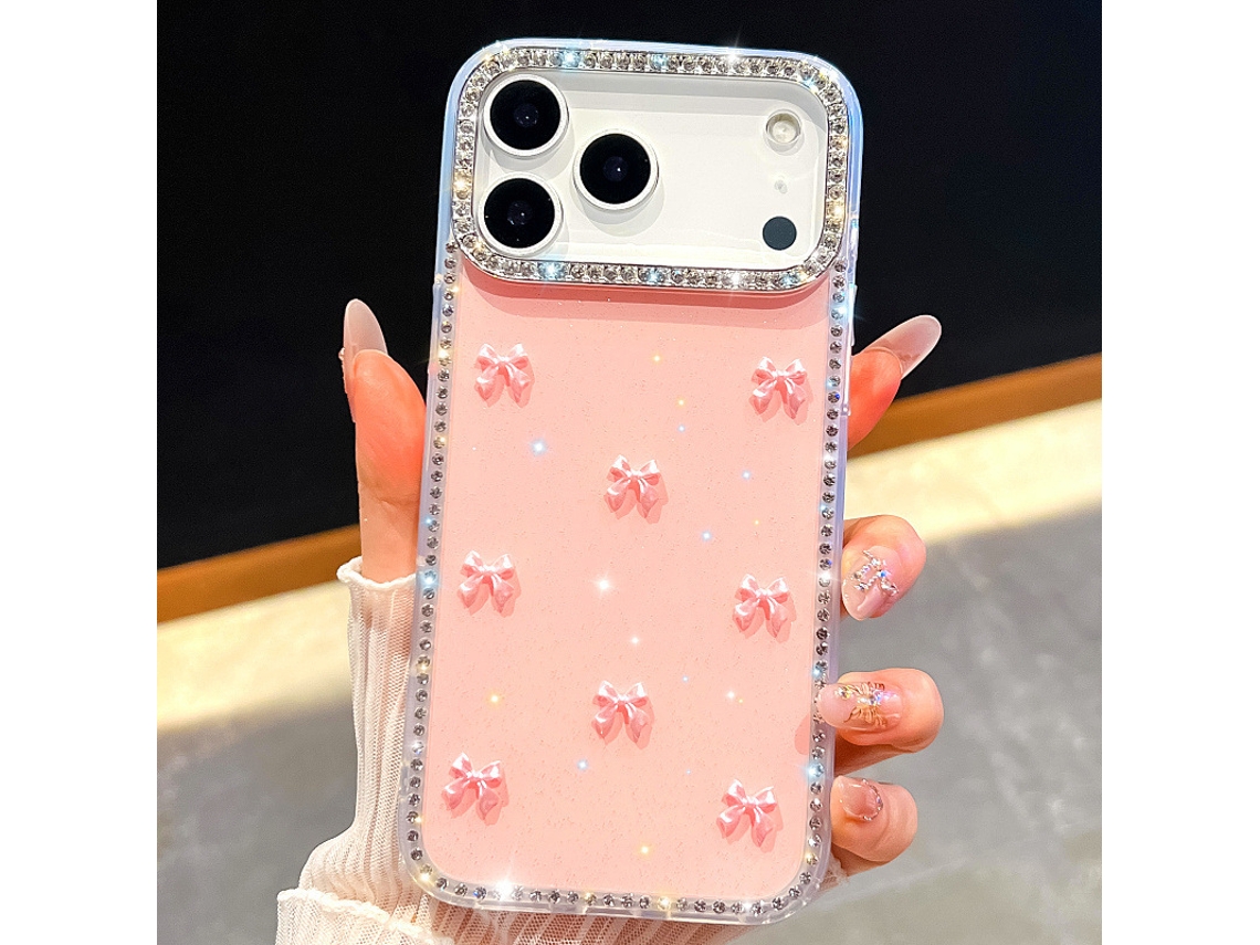 Capa De Celular 3d Com Strass Para Meninasrosa Claro Com Glitter Laço Aurora - Iphone 16