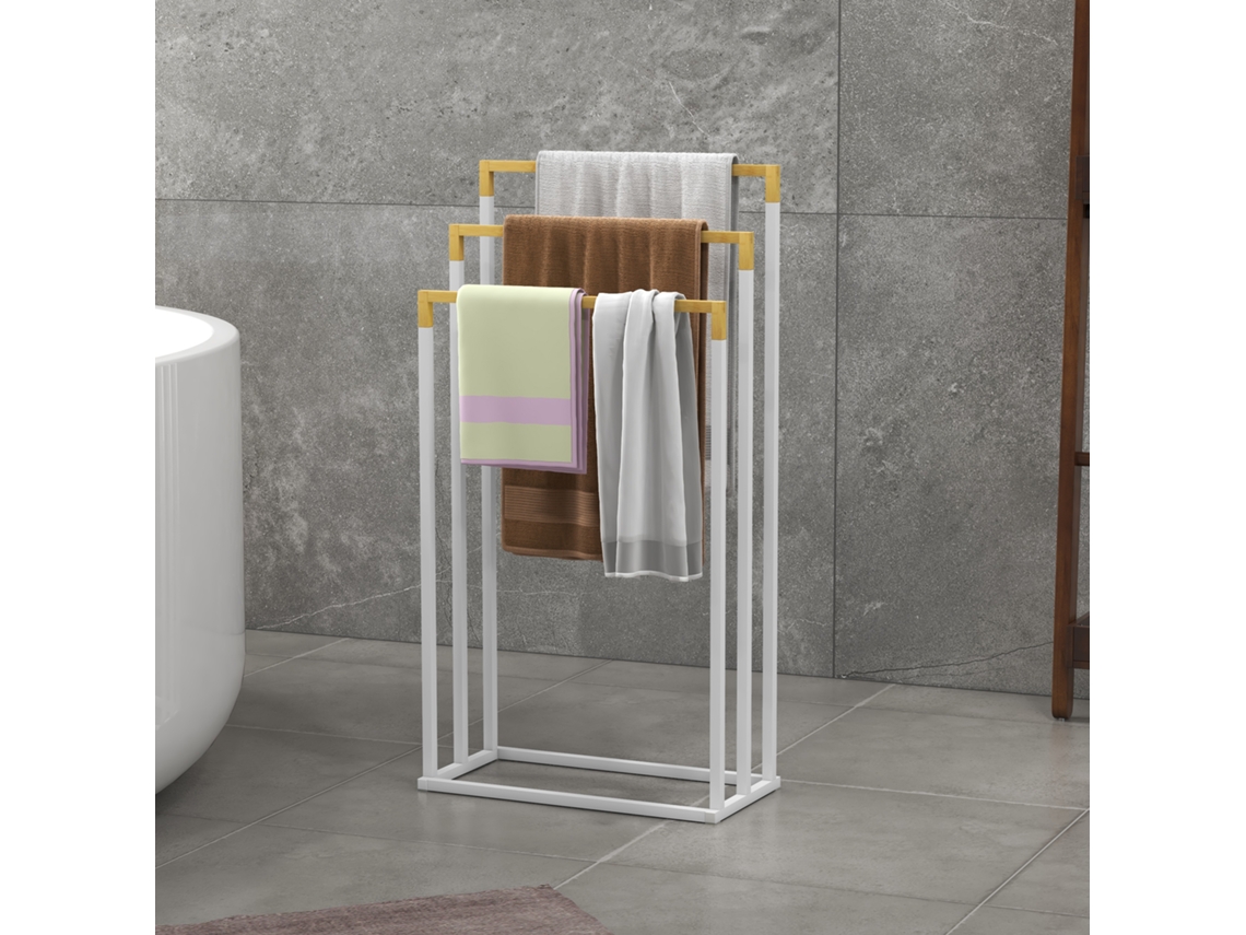 Suporte Para Toalhas Em Bambu E Aço Com Pés E 3 Barras Para Toalhas, 45 X 22,5 X 86 Cm, Branco E Natural.
