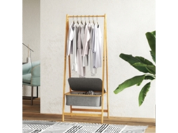 Supte P/ Cabides De Bambu Com Cesto Tecido E Dobrável 60x44.5x157.5 Cm Madeira Cinzento