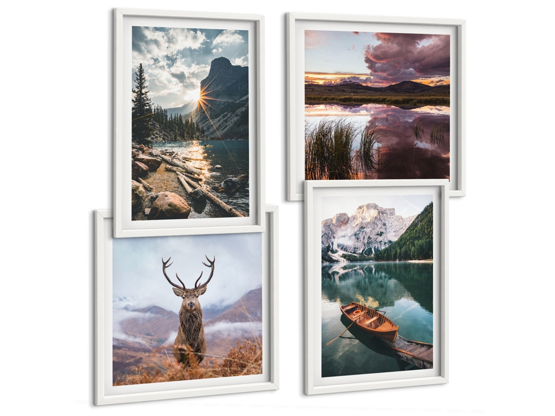 Galeria De Pinturas Murais Montanha, Lago, Barco, Pôr Do Sol, Veado Moldura Branca Pinturas De Quarto Espelharte (conjunto De 4 Imagens)