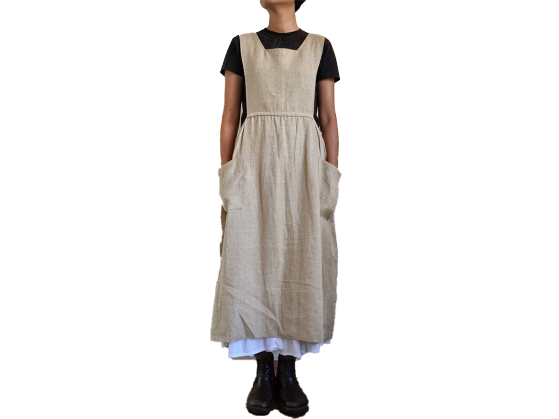 Vestido Feminino Casual Solto De Alças Longas Em Algodão E Linho Com Bolsos