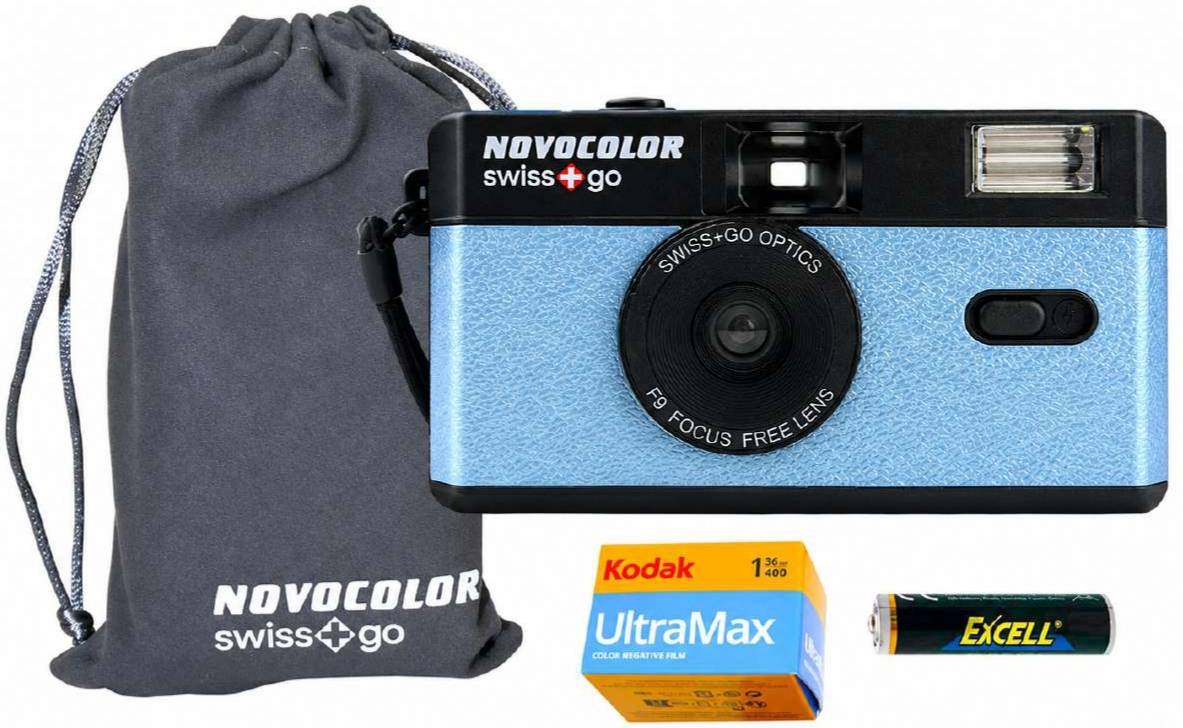 Pack Máquina Fotográfica Digital NOVOCOLOR Swiss+go 35mm com Flash (Azul)