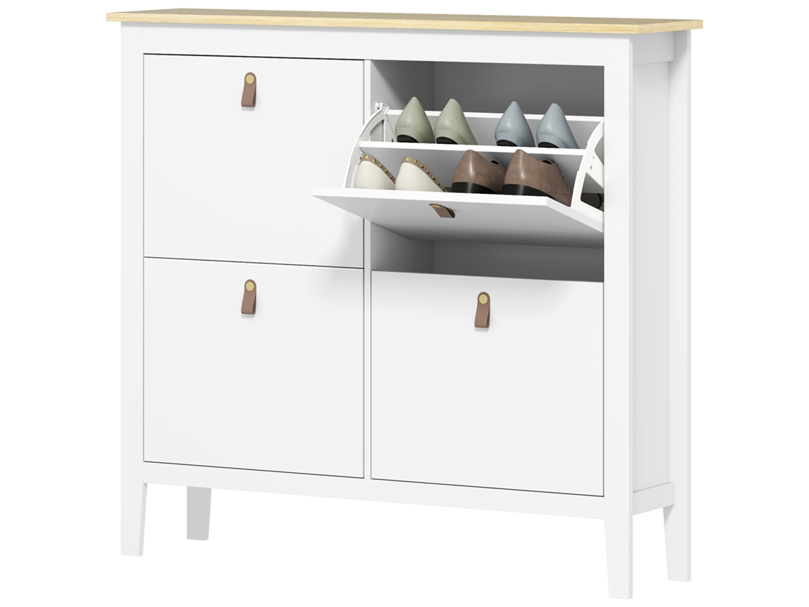 Calçadeiro Estreito de 4 Compartimentos com Alças de Couro PU 105x24x95,5 Cm Branco e Madeira | S/MARCA