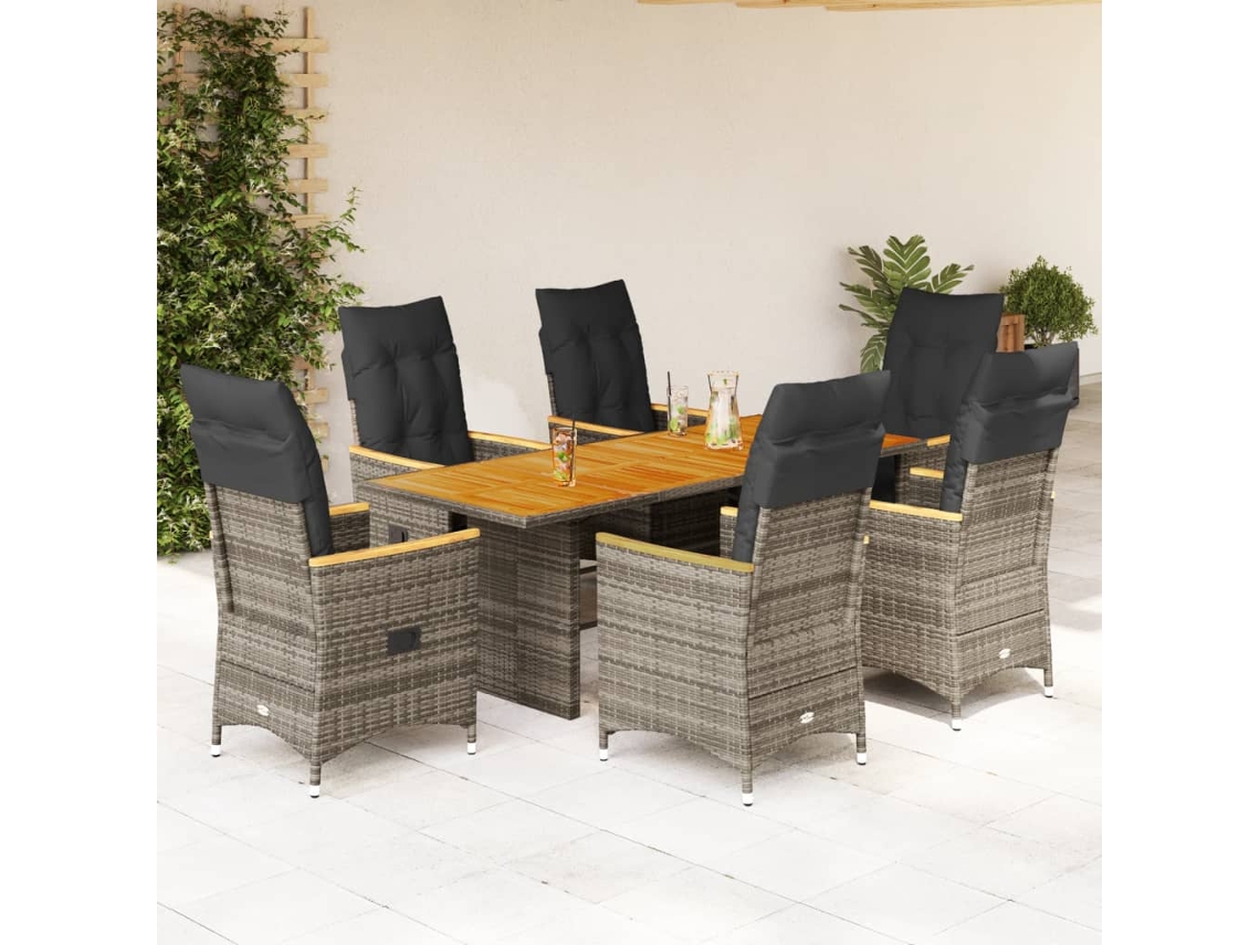 Conjunto 7 Peças Jantar P/ Jardim C/ Almofadões Vime Pe Cinza Dkd Home Decor