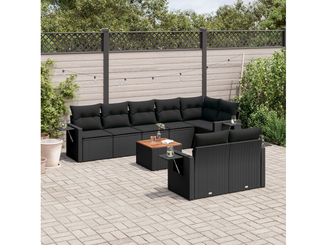 Vidaxl 9 Pcs Conjunto De Sofás P/ Jardim C/ Almofadões Vime Pe Preto