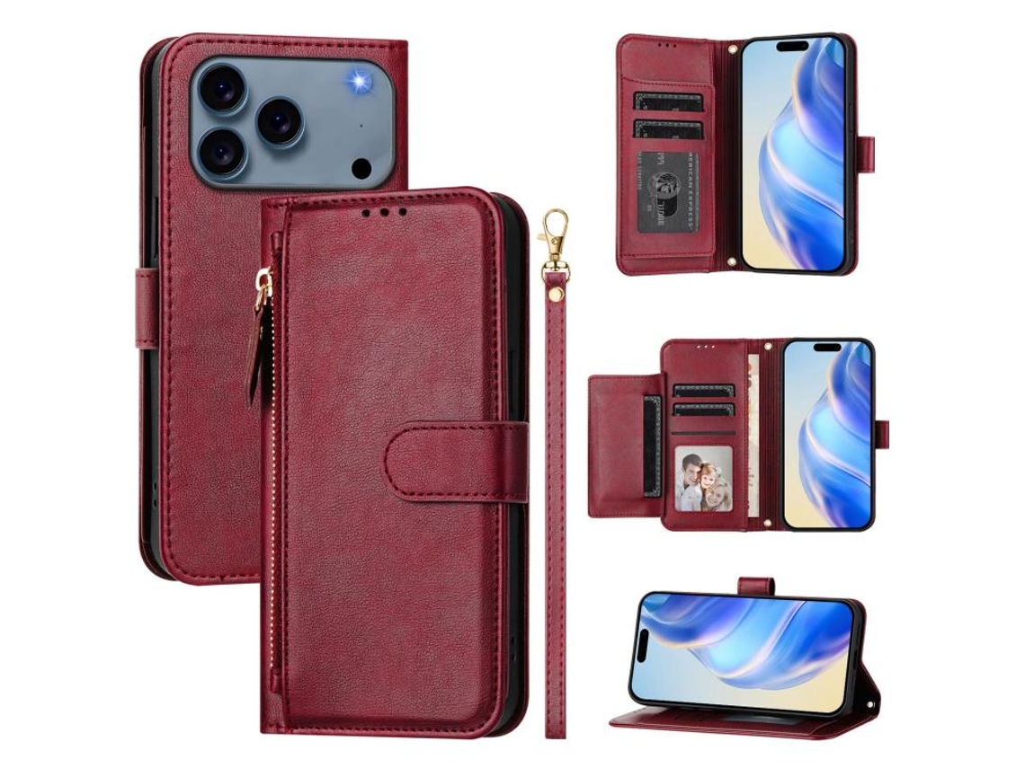 Capa De Couro Para Iphone 17 Pro Com Vários Compartimentos Para Cartões E Zíper.