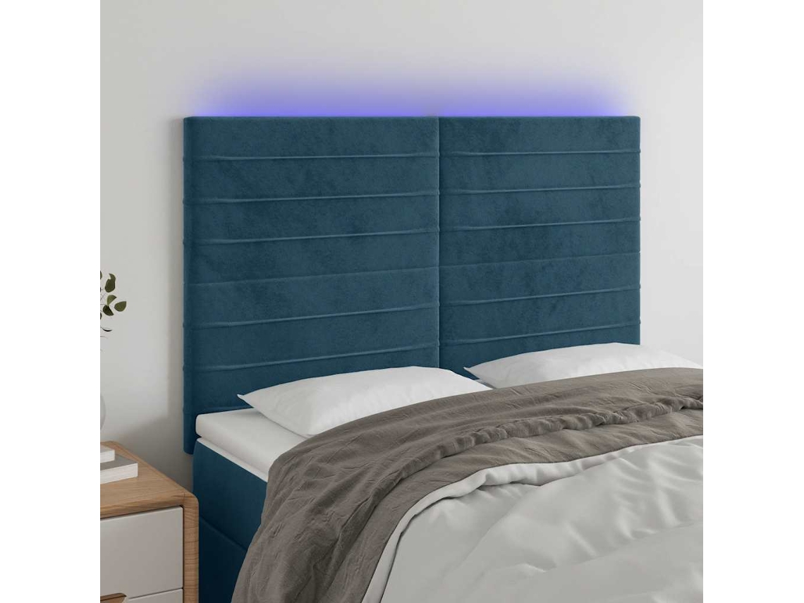 Vidaxl Cabeceira Cama C/ Luzes Led Veludo 144x5x118/128cm Azul-escuro