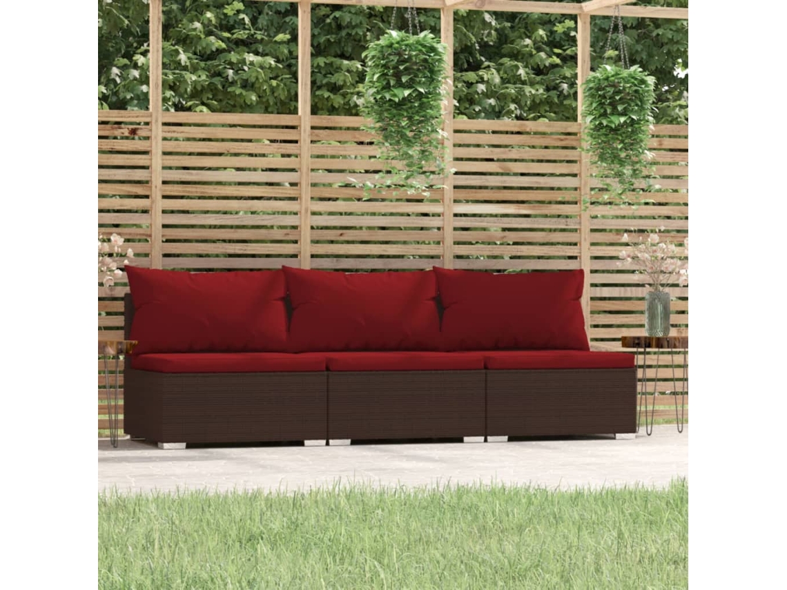 Vidaxl Sofá de Jardim 3 Lugares com Almofadões Vime Pe Castanho