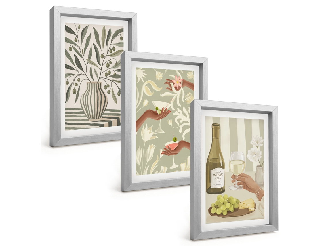 Quadros Decorativos Para Paredeflores De Oliveira, Coquetéis Rústicos Moldura Prateada Quadros Para O Escritório Espelharte (3 Peças 20x30 Cm)