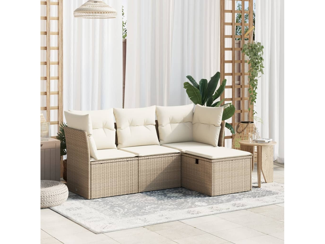 4 Pcs Conjunto De Sofás Para Jardimconjuntos Relax Jardimconjunto De Jantar C/ Almofadões Vime Pe Bege Cfw541671 Lovely Home