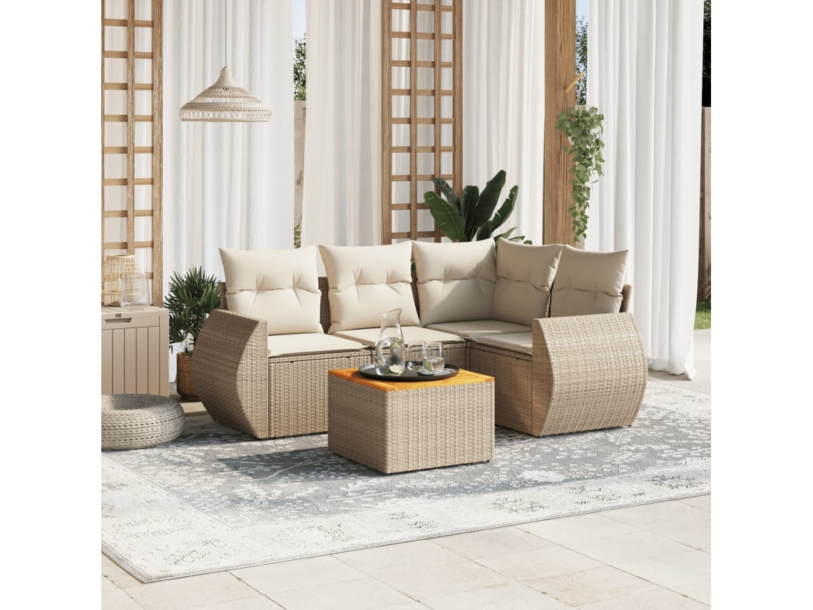 Vidaxl 5 Pcs Conjunto De Sofás P/ Jardim Com Almofadões Vime Pe Bege
