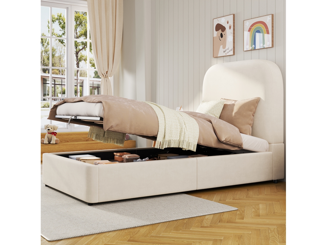 Cama Solteiro 90x200 C/ Elevação, Ripas E Revestimento Veludo Bege