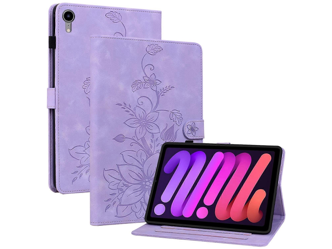 Capa Hengrongshen para iPad Mini (2021), capa com suporte em couro sintético com estampa de lírio, roxa (2024)