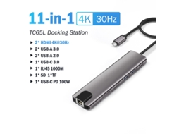 Yizhood 11 em 1 USB C Docking Station 4K HDMI Tipo C 100W PD Rj45 480mpbs Slot SD/TF Transferência rápida de dados para Mac Windows Cinza