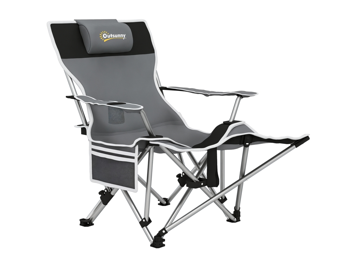 Cadeira de Camping Dobrável com Apoio de Pés Destacável, Porta Copos e Bolso 82x100x88 Cm Cinza S/MARCA