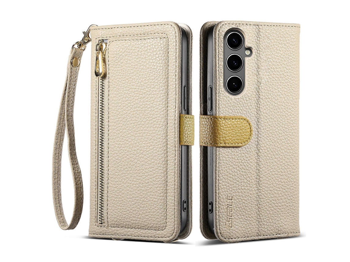 Capa Tkdaddy Eseble E11 Para Samsung Galaxy A55 5g Com Zíper E Bolso, Capa De Couro Com Textura De Lichia, Espelho E Alça De Pulso, Cáqui