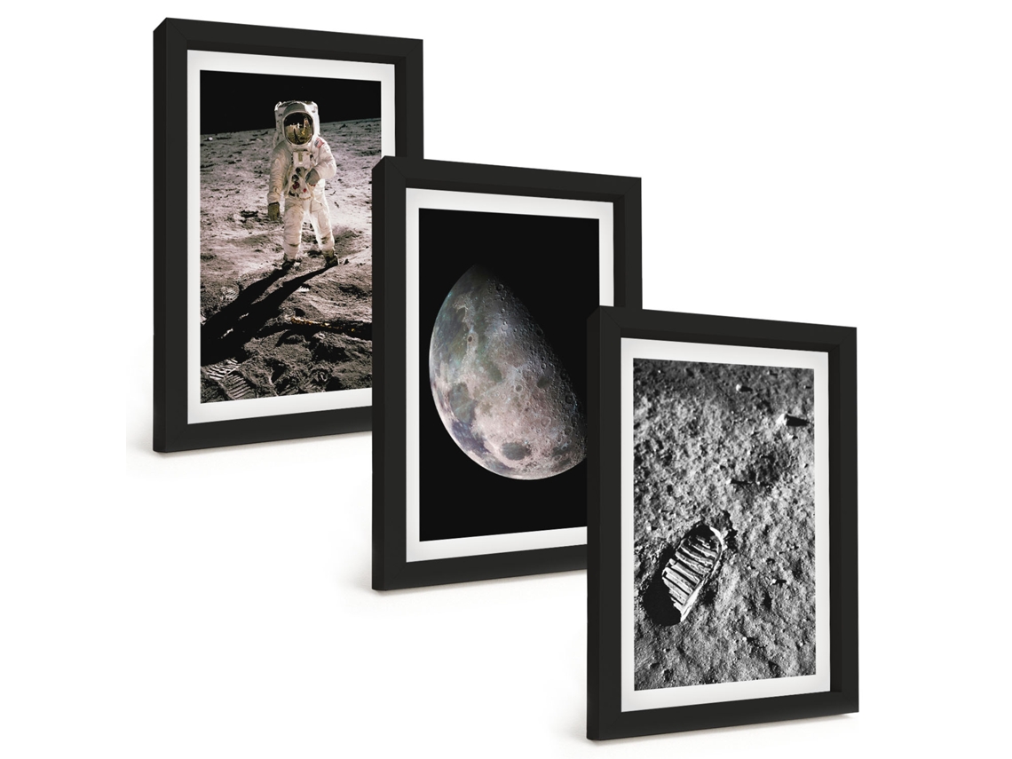 Pinturas Murais Modernas Foto De Astronauta E Lua Moldura Preta Fotos Para O Corredor Espelharte (3 Peças 20x30 Cm)