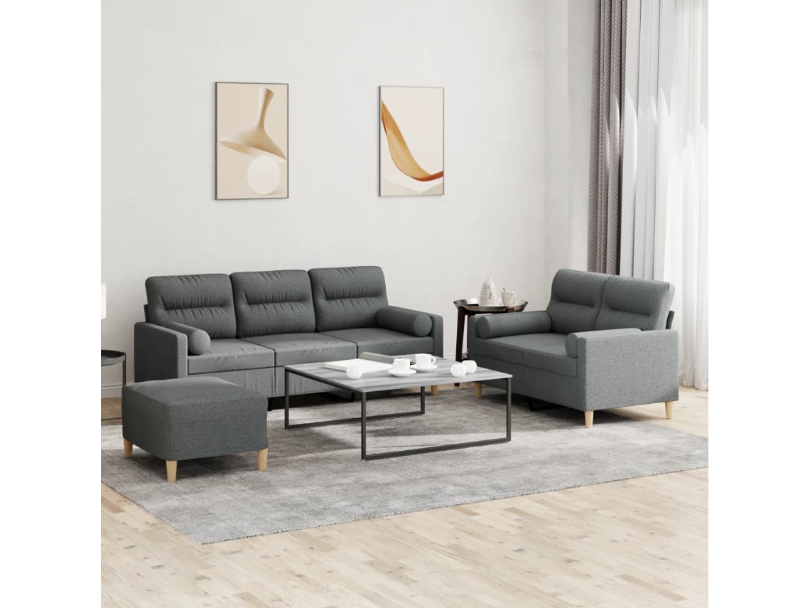 Vidaxl 3 Pcs Conjunto De Sofás Com Almofadas Tecido Cinzento-escuro