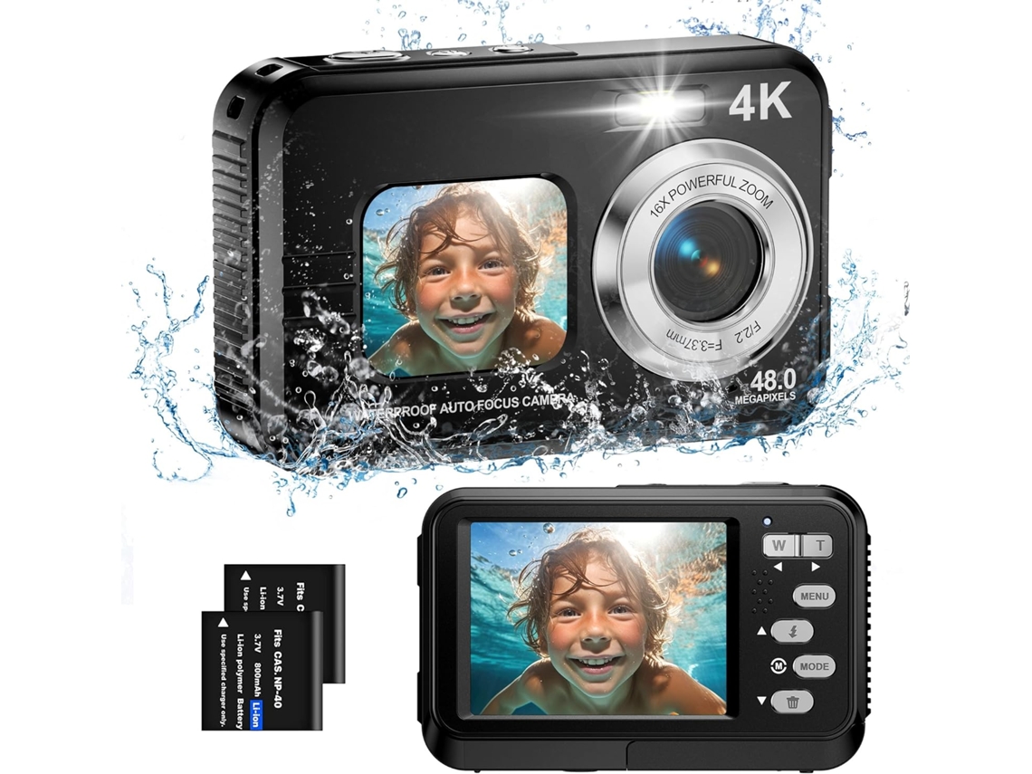 Câmara Subaquática Câmara À Prova de Água 4K Câmara Digital Compacta Portátil À Prova de Água 48 Mp com Autofoco Ecrãs Duplos para Selfies CHRONUS