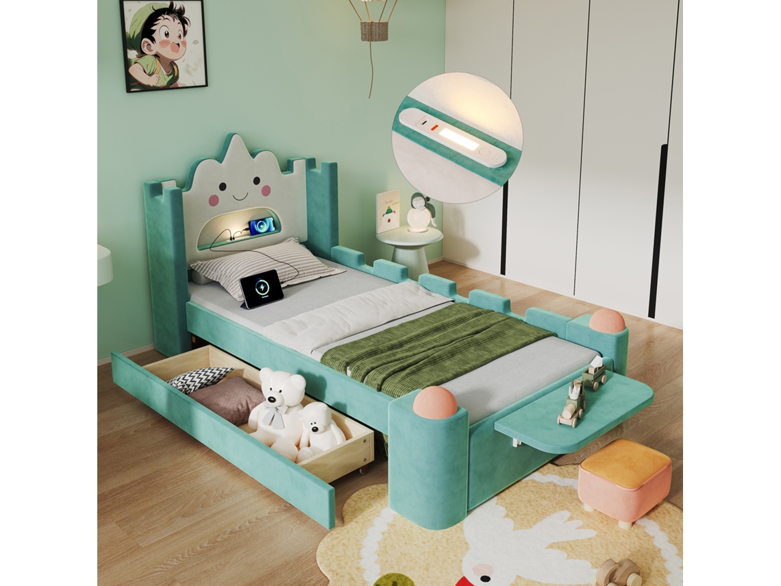 Cama Infantil Estofada 90x200 Cm Nuvem Com Led E Arrumação Sem Colchão